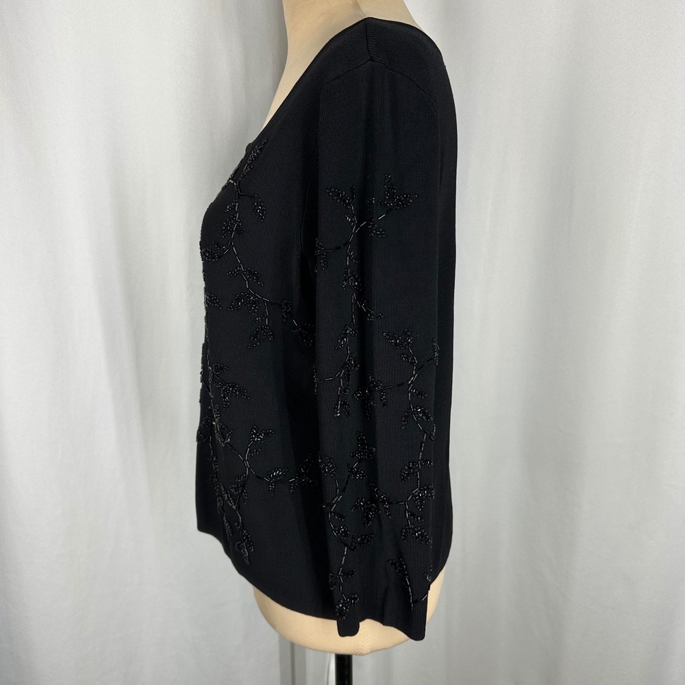 Sandra Darren Black Beaded Floral Stretch Knit Blouse Top Size L - Picture 6 of 11